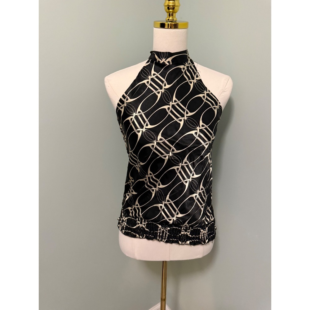 Vintage MKM Designs Geometric Halter Top Black White Keyhole Back Y2K Small